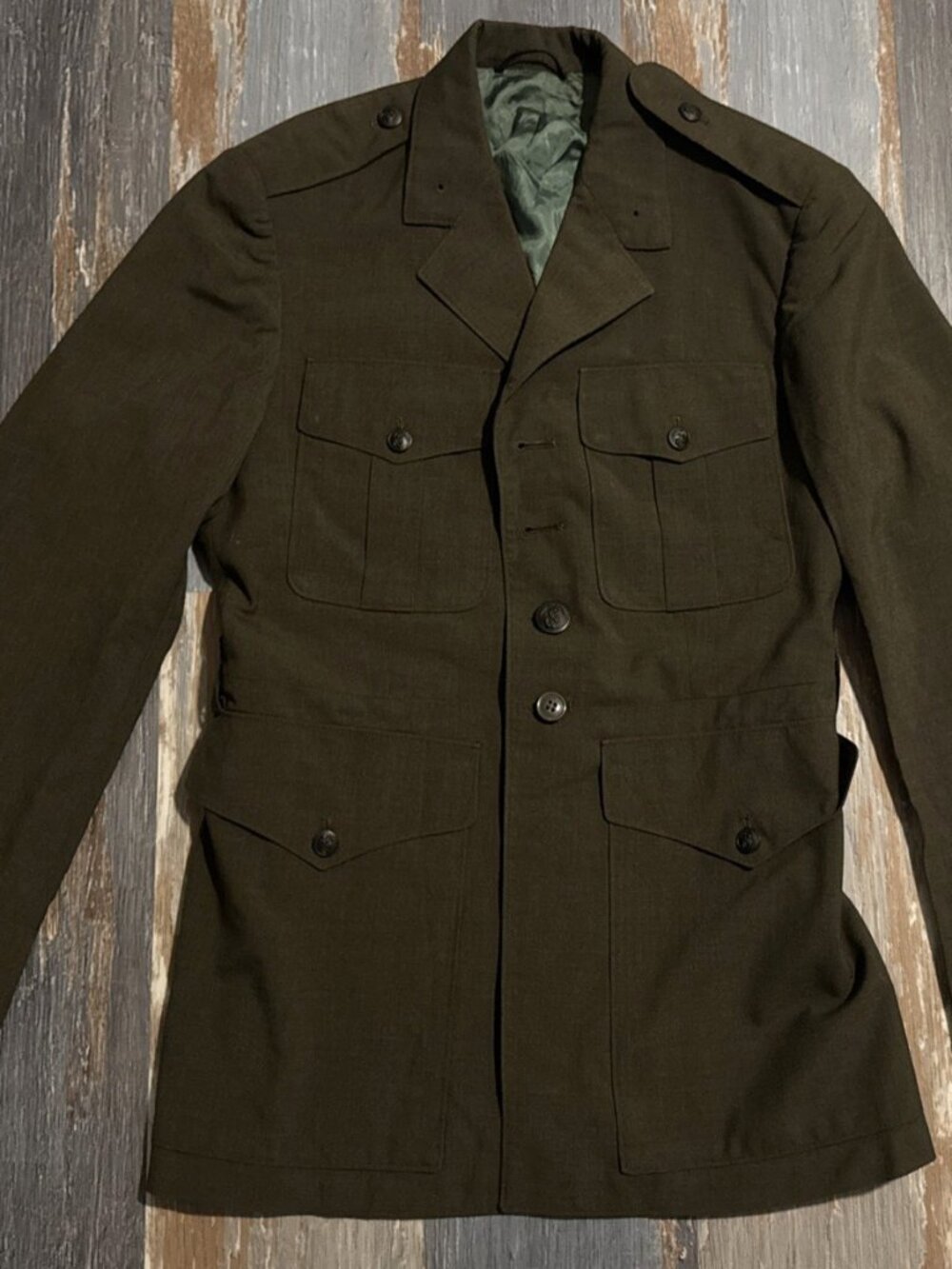 Vintage 70s US Marines Mens Coat Military Jacket Tropical Poly Wool Green Shade